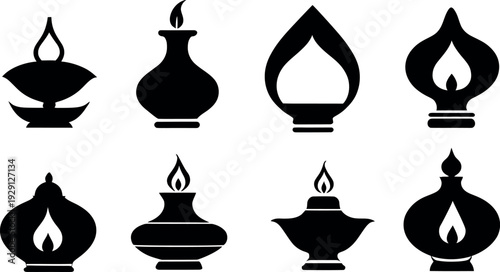 Icon set of Traditional Diya oil lamp's design vector art illustration silhouette style on a white background