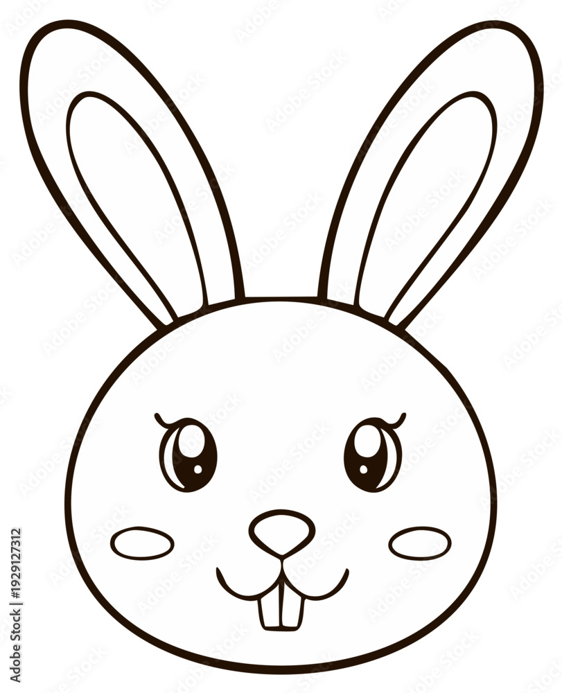 Fototapeta premium Simple outline drawing of a cute bunny rabbit face with big ears and happy eyes