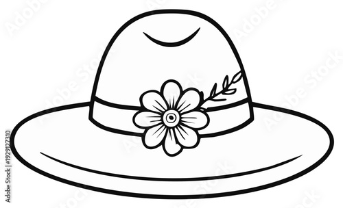 Elegant wide brim hat adorned with a delicate flower and leaves artistic outline drawing