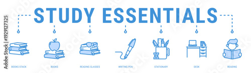 Study Essentials web banner icon vector illustration featuring Books Stack, Books, Reading Glasses, Writing Pen, Stationary and Desk