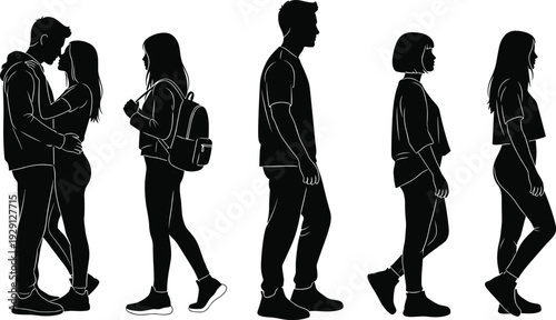 Black and white silhouettes of young people walking standing hugging and wearing backpacks for casual lifestyle and social vector design