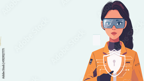 Female cybersecurity expert wearing safety goggles holding digital shield with lock icon, data protection concept, modern technology security illustration on light background.