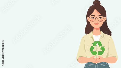 Young woman holding recycling symbol, eco friendly lifestyle concept, smiling female character promoting sustainability and environmental protection vector illustration.