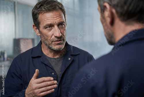 Professional discussion between two mechanics in a workshop, foreman explaining repair process to a colleague, teamwork and communication in industrial environment