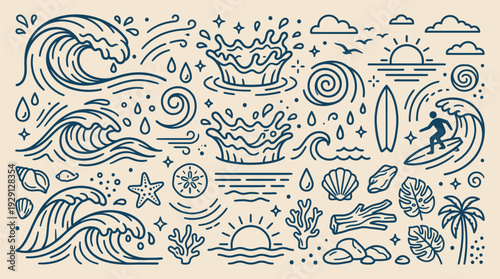 A collection of stylized line art illustrations depicting various elements of the ocean and beach lifestyle, including waves, water splashes, seashells, starfish, coral, palm trees, and a surfer.