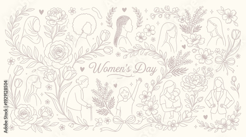 Elegant line art illustration celebrating International Women's Day with diverse women, flowers, and decorative elements.
