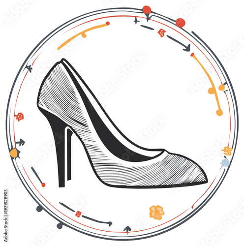 Elegant high heeled shoe illustration within a decorative circular frame design