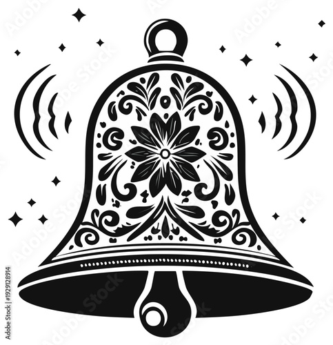 Ornate Ornamental Black and White Bell Illustration with Sound Waves for Graphic Design