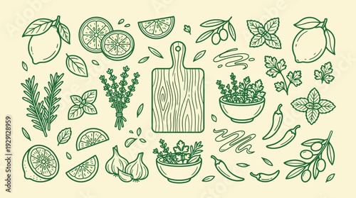 A vibrant collection of fresh herbs, citrus fruits, garlic, chili peppers, and olives arranged around a wooden cutting board, illustrating culinary ingredients and healthy eating.