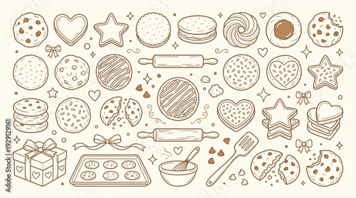 A charming hand-drawn illustration featuring a delightful assortment of cookies, baking tools, and festive decorations, perfect for a bakery or holiday theme.