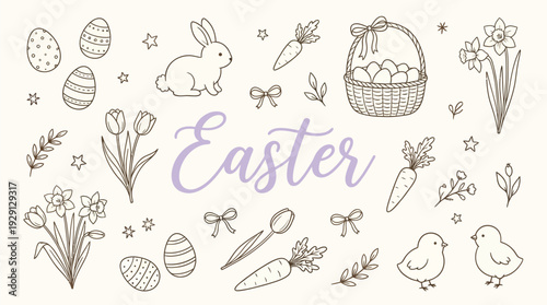 A charming hand-drawn illustration featuring classic Easter symbols like bunnies, chicks, eggs, tulips, daffodils, carrots, and a basket of eggs, with the word "Easter" prominently displayed.