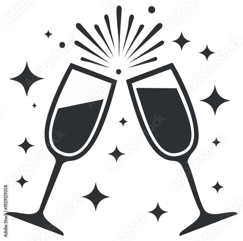 Two Champagne Flutes Clinking in a Festive Celebration Icon with Sparkling Stars and Burst