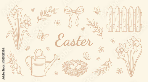 A charming hand-drawn illustration of Easter elements including daffodils, a watering can, a nest with eggs, butterflies, and a picket fence.