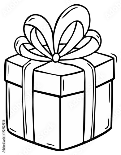 Black and white illustration of gift box with ribbon and bow for celebrations