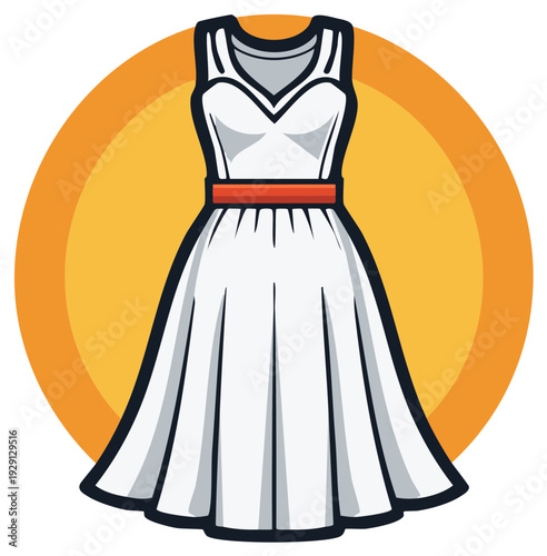 Simple White A Line Dress with Red Sash Accent and Orange Circle Background