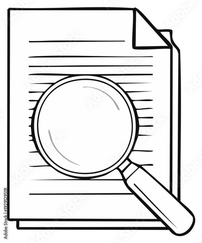 Magnifying glass examining document, black and white illustration
