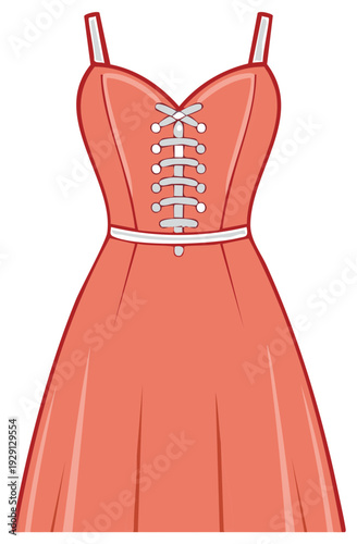 Coral dress illustration with corset lacing on bodice, A-line skirt