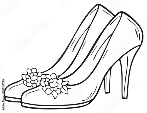 Elegant High Heel Shoes with Floral Embellishments Outline Drawing