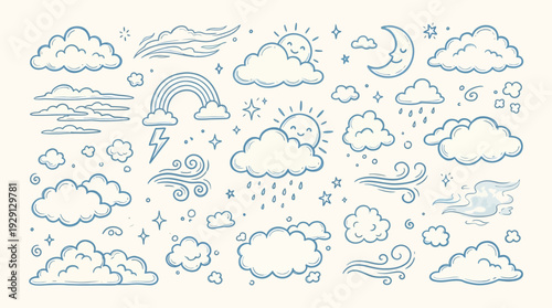 Hand-drawn doodle set of weather elements including clouds, sun, moon, rain, wind, lightning, and rainbow on a light background.