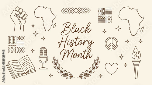 A collection of line art icons celebrating Black History Month, including symbols of empowerment, heritage, and activism.