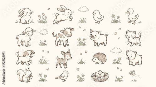 A charming collection of hand-drawn, whimsical farm and forest animals in a soft, pastel color palette, perfect for children's illustrations and designs.