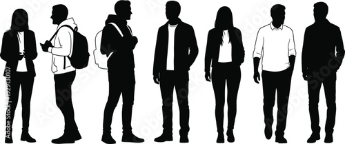 Black and white silhouettes of young people wearing backpacks and casual jackets standing in various poses for urban lifestyle vector design