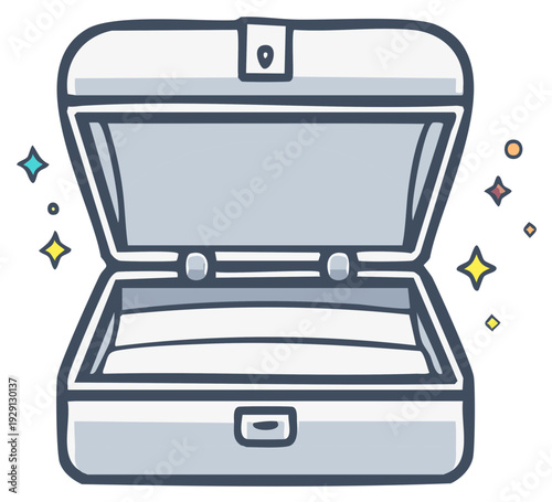 Open empty jewelry box shines with blue outline. Vintage treasure chest. Cartoon illustration of antique luxury container.