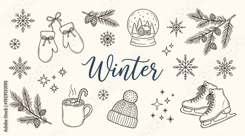 A charming hand-drawn illustration featuring various winter-themed elements like snowflakes, mittens, a snow globe, pine branches, a mug of hot chocolate, a knitted hat, and ice skates.