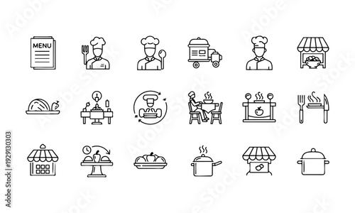 Restaurant and Food Service Line Icon Set – Chef, Menu, Catering, Street Food and Cooking Symbols