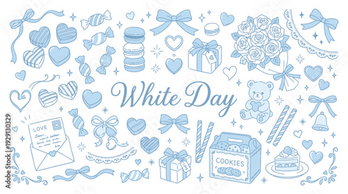 A charming collection of light blue illustrations celebrating White Day, featuring gifts, sweets, and romantic symbols.