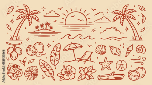 A charming hand-drawn illustration featuring a tropical beach scene with palm trees, coconuts, seashells, and a sunny sky.