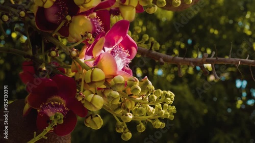 Camera footage of cannonball tree flower (Couroupita guianensis) blooming on branch. Vibrant pink and yellow tropical blossom with golden backlight and soft bokeh background.Camera footage of cannonba