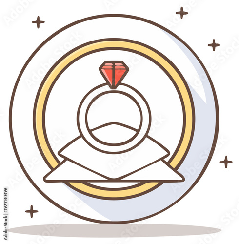 Cute Cartoon Engagement Ring Icon with Sparkles and Diamond Detail