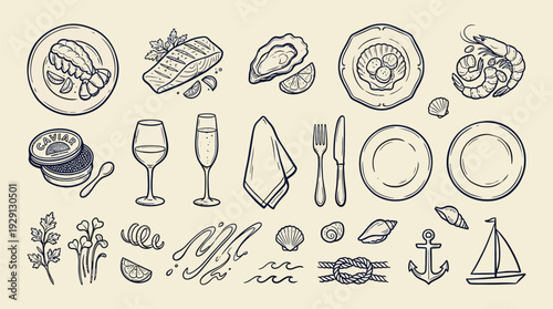 A detailed hand-drawn illustration of a seafood feast, featuring various dishes, oysters, scallops, shrimp, caviar, wine glasses, and nautical elements like an anchor and sailboat.