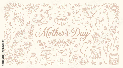 A charming collection of hand-drawn illustrations celebrating Mother's Day, featuring floral motifs, gifts, and tender moments between mothers and children.