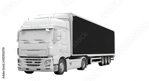 White Semi Truck with Black Trailer Isolated on Transparent Background