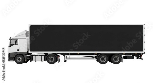 White Semi Truck with Black Trailer on Transparent Background Side View