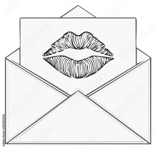 Open envelope with a card featuring black and white kiss lips sketch illustration for romance and communication