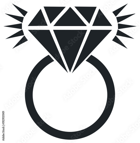 Elegant Ring Vector Icon with Sparkling Diamond Jewelry Proposal Gemstone Black Silhouette Graphic Design Isolated