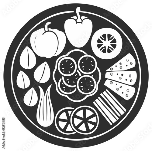 Monochrome vector icon of a healthy appetizer platter with fresh vegetables and cheese