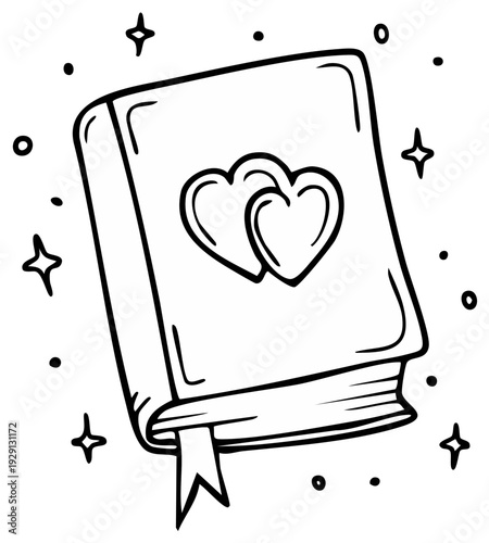 Illustrated book with linked hearts and shimmering stars, romantic line art.