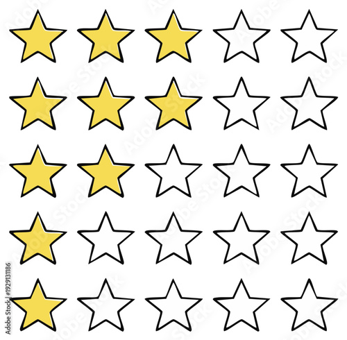 Hand Drawn Star Rating System with Yellow Filled and Outline Stars in Rows for Feedback
