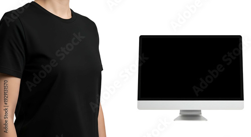 Woman in Black Shirt Next to Blank Computer Screen Isolated on Transparent Background