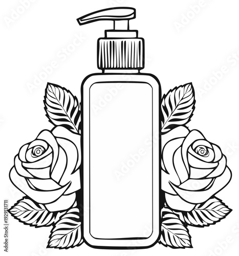 Line drawing of a lotion bottle with roses and leaves elegant beauty product illustration