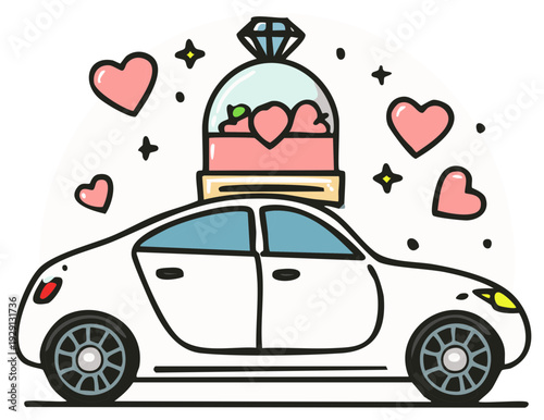 Cartoon car carrying a giant engagement ring and hearts, celebrating love and marriage.