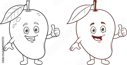 Cute Mango Cartoon Character Vector Set with Outline and Colored Tropical Fruit Mascot Illustration