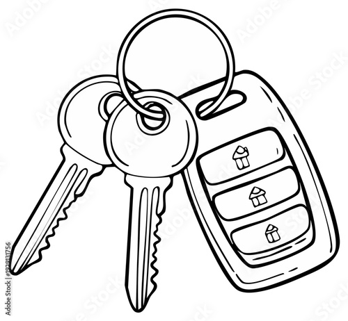 Set of car keys with remote and house icons on a metal ring