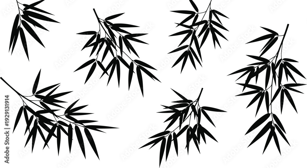 Εκτύπωση καμβά Black bamboo leaf silhouettes collection featuring tropical branch elements and