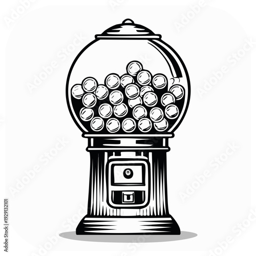 Vintage Gumball Machine Illustration, Retro Candy Dispenser, Arcade Game Black and White Vector