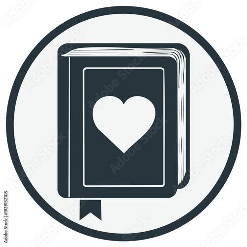 Heart on a book cover icon inside a circle, love symbol illustration